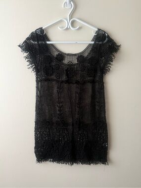 Black Crochet Lace Cap Sleeve Top - Brand Not Visible